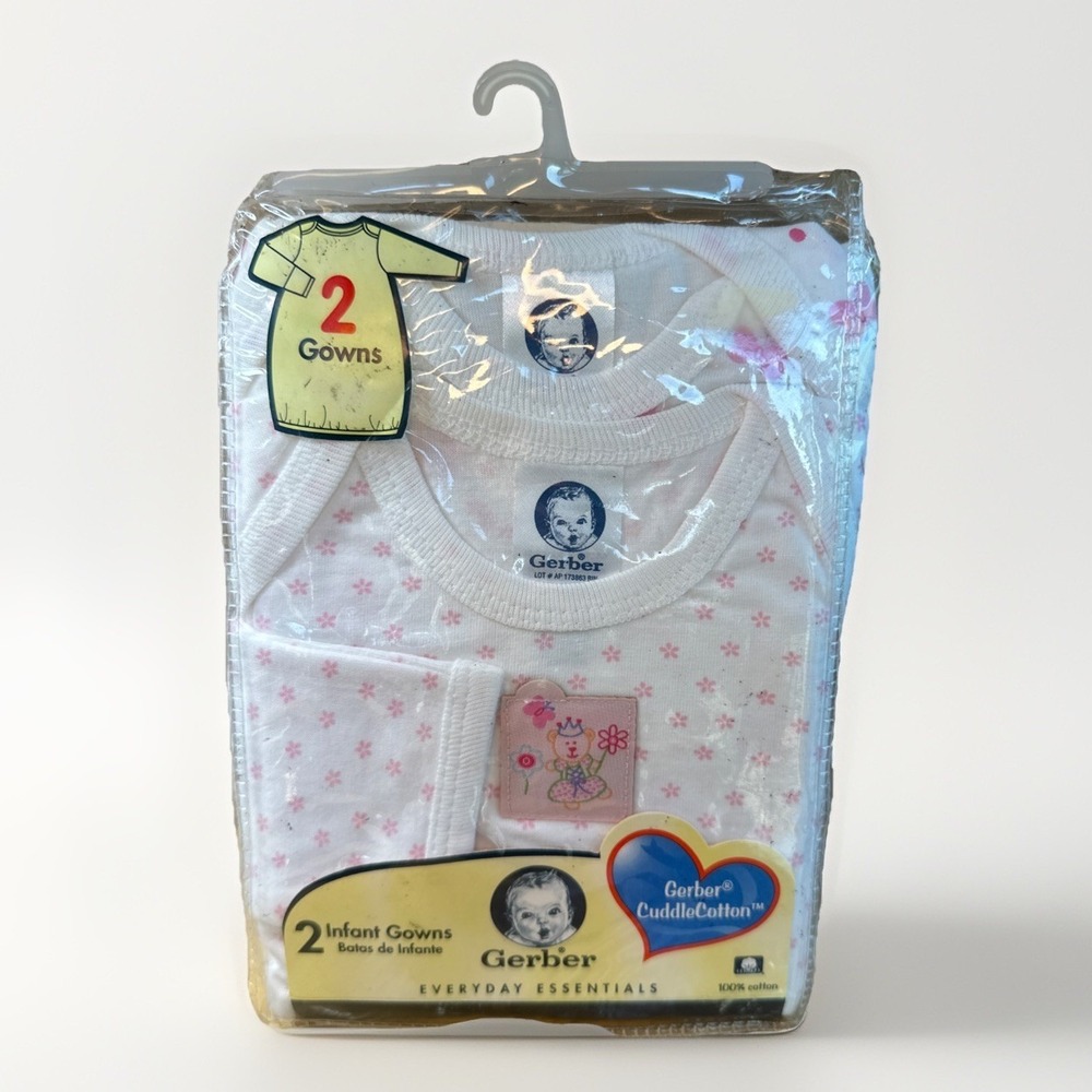 Vintage Gerber Infant Gown‎ Cuddle Cotton Y2K Baby Sleepwear 2 Pack Girls NEW